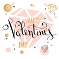 Happy valentine`s Day greeting card with geometric form diamond. low poly style jewel shape in golden glitter background