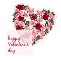 Happy Valentine`s Day Greeting card with heart of red and pink roses on white background. Royalty Free Stock Photo