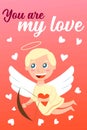Happy Valentine s Day greeting card. Holiday congratulations. Baby boy cupid angel with wings. Archer with bow. Pink and red