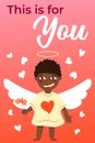 Happy Valentine s Day greeting card. Holiday congratulations. Baby boy cupid angel with wings. Holding flowers. Pink and red