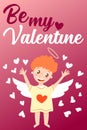 Happy Valentine s Day greeting card. Holiday congratulations. Baby boy cupid angel with wings. Pink and red gradient background.