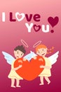 Happy Valentine s Day greeting card. Holiday congratulations. Baby girl and boy cupid angel with wings. Holding huge red heart.