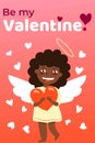 Happy Valentine s Day greeting card. Holiday congratulations. Baby girl cupid angel with wings. Pink and red gradient background.