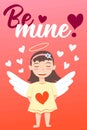 Happy Valentine s Day greeting card. Holiday congratulations. Baby girl cupid angel with wings. Pink and red gradient background.