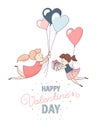 Happy Valentine`s Day greeting card homosexual female couple heart balloons