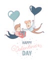 Happy Valentine`s Day greeting card homosexual male couple heart balloons