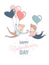 Happy Valentine`s Day greeting card homosexual male couple heart balloons