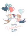 Happy Valentine`s Day greeting card homosexual male couple heart balloons