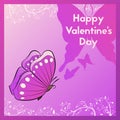 Happy Valentine`s day. Greeting card with lilac butterfly. Royalty Free Stock Photo