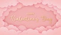 Happy Valentine\'s Day greeting card in paper cut style. Gold beads and paper clouds on pink background