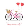 Happy Valentine\'s Day greeting card. Pink bike with a basket of flowers and a cute puppy Royalty Free Stock Photo