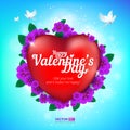 Happy Valentine`s Day greeting card with red heart and flying birds on blue sky background