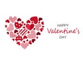 Happy Valentine`s day greeting card. Red patchwork hearts.