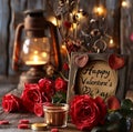 Happy Valentine\'s Day greeting card, red roses, glowing old lamp Royalty Free Stock Photo