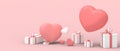 Happy Valentine`s Day Greeting Card sells banner and Gift box with heart balloon for Happy birthday on pink background.Anniversary