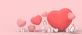 Happy Valentine`s Day Greeting Card sells banner and Gift box with heart balloon for product platforms of love concept on pink