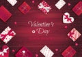 Happy Valentine`s Day greeting card. Top view on gift boxes in different packaging, candy in the form of heart, confetti.