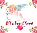 Happy Valentine`s Day greeting card. Watercolor illustration. Red hearts, cupid with bow and arrows, little birds, roses. Hand Royalty Free Stock Photo