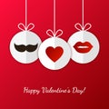 Happy Valentine`s Day greeting card. Womens lips, mens mustache