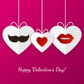 Happy Valentine`s Day greeting card. Womens lips, mens mustache