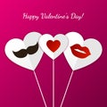 Happy Valentine`s Day greeting card. Womens lips, mens mustache