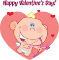 Happy Valentine's Day Greeting With Cute Baby Cupid Flying With Bow And Arrow