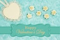 Happy Valentine`s Day greeting with a heart with lace on pale teal rose plush fabric