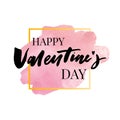 Happy Valentine's Day hand drawn brush lettering with long shadow, isolated on rich red background. Perfect for holiday flat
