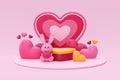 Happy Valentine\'s Day. Heart shaped display with teddy bunny, heart shape balloon and element decor for valentine. 3d Royalty Free Stock Photo