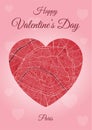 Happy Valentine`s day holiday card with Paris map in heart shape. Romantic city travel cityscape. Vertical A4 pink and red color