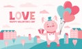 Happy valentine`s Day horizontal banner with greeting text. Pink rabbit with gift and balloons in form of heart. Romantic urban