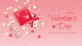 Happy Valentine`s Day Horizontal Web Banner Background Flyer with garlands, candies, confetti, beads, gift boxes, cups of coffee Royalty Free Stock Photo