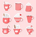 Happy Valentine`s Day. Valentine`s Day hot drinks collection. Vector illustration