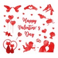 Happy Valentine`s Day icon set of watercolor silhouettes. Cute romance love collection of design elements with heart Royalty Free Stock Photo