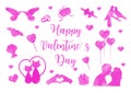 Happy Valentine`s Day icon set of watercolor silhouettes. Cute romance love collection of design elements with heart Royalty Free Stock Photo