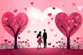 Illustration with hearts, couple, warm pink colors. Valentines Day illustration for postcard, banner,