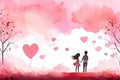 Illustration with hearts, couple, warm pink colors. Watercolor Valentines Day illustration for postcard,