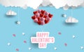 Happy Valentine`s Day illustration.paper art pink and red hearts balloons. Paper clouds in blue sky EPS 10