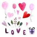 Elements for valentines day. Watercolor illustration with balloons, hearts,leaves and herbs, word love,gift. Happy Royalty Free Stock Photo