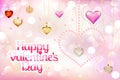 Happy Valentine`s day- inscription. Hearts, pearls and glitter stars on pink silk veil background. Decorative postcard, poster,