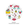 Happy Valentine`s Day inscription. Symbols of Valentine`s Day, placed in a circle.