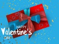 Happy Valentine`s Day. Invitation, greeting card. Valentine gift. Blue and red ribbon. Realistic satin bow gift box Royalty Free Stock Photo