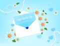 Happy Valentine`s Day letter message : This is my heart, I love it but I love you more so IÃ¢â¬â¢m giving it to you. Sky-blue flower.