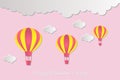 Happy Valentine`s Day lettering! Beautiful clouds and air balloons! Abstract paper art 3D vector illustration on pink background.
