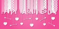 Happy Valentine`s Day Lettering on pink background. Banner with valentines symbols: hearts and arrows.