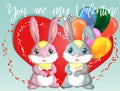 Happy valentine's day. Love card. A pair of cute bunnies girl and boy, pink and deep against a heart. Concept of love confession,