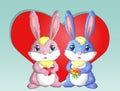 Happy valentine's day. Love card. A pair of cute bunnies girl and boy, pink and deep against a heart. Concept of love confession,