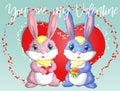 Happy valentine's day. Love card. A pair of cute bunnies girl and boy, pink and deep against a heart. Concept of love confession,