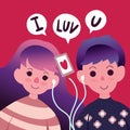 Happy Valentine`s Day with love couple listening music through earphone, Valentines Day background couple in a relatio