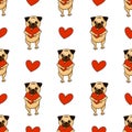 Happy Valentine`s Day. Lovely pug and heart. Cute seamless pattern with puppy. Royalty Free Stock Photo